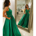 Breathtaking Blue Full Skirt Long Prom Dress with Pocket,A Line Satin Graduation Senior Formal Gowns Long