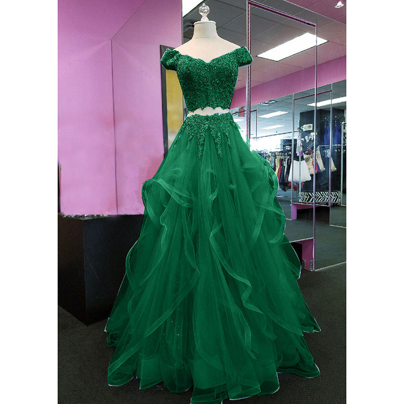 Gorgeous Blue Crop Top Prom Dresses Off the Shoulder Lace Tiered Blue Senior Prom 2022