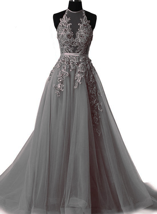 LP3285 Lotus Pink  A Line Tulle Lace Halter Prom Dress ,Long Formal Gowns 2018 vestido formatura Pageant Gown