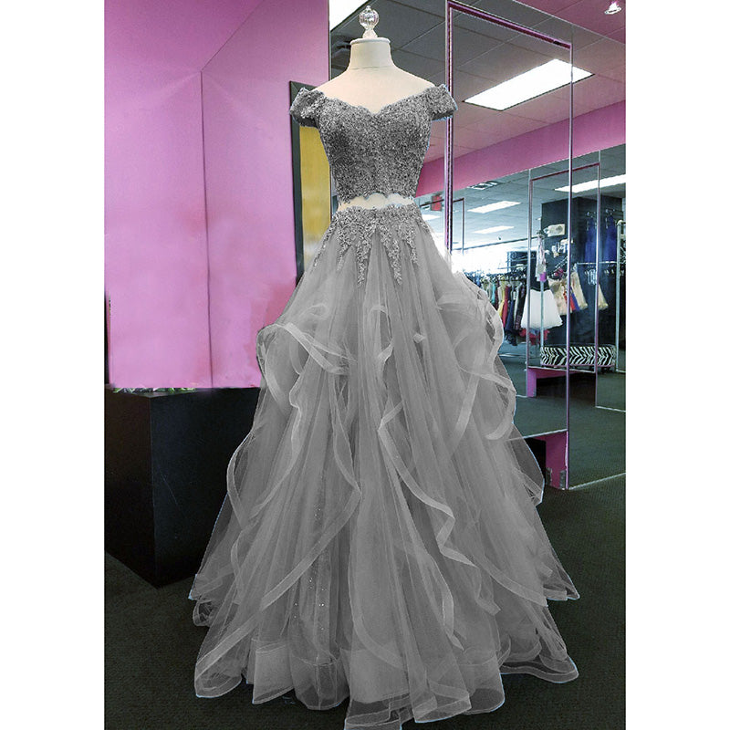 Gorgeous Blue Crop Top Prom Dresses Off the Shoulder Lace Tiered Blue Senior Prom 2022