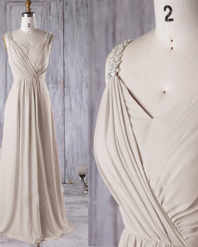 Elegant Pleated Chiffon Dust Pink /beige Wedding Party Dress Women Bri