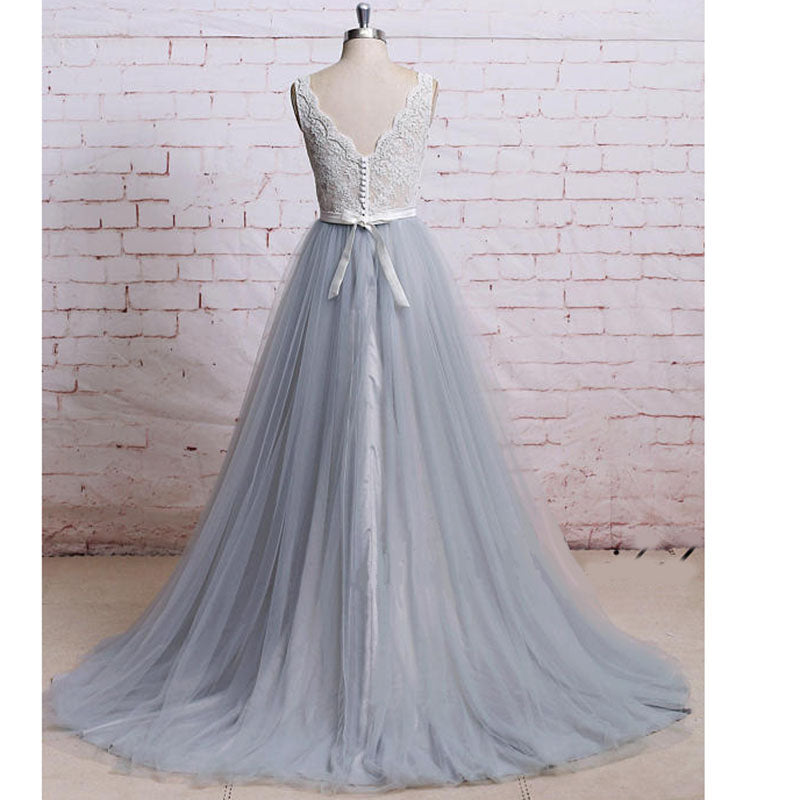 WD1401 Chic Ivory and Grey A Line Romantic Tulle Bridal Gown,V neck Lace Formal Prom Dress 2018