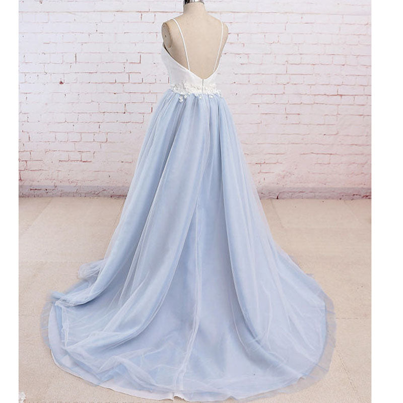 LP789 Spaghetti Straps Prom Gown Light Blue and Ivory Country Wedding Dresses