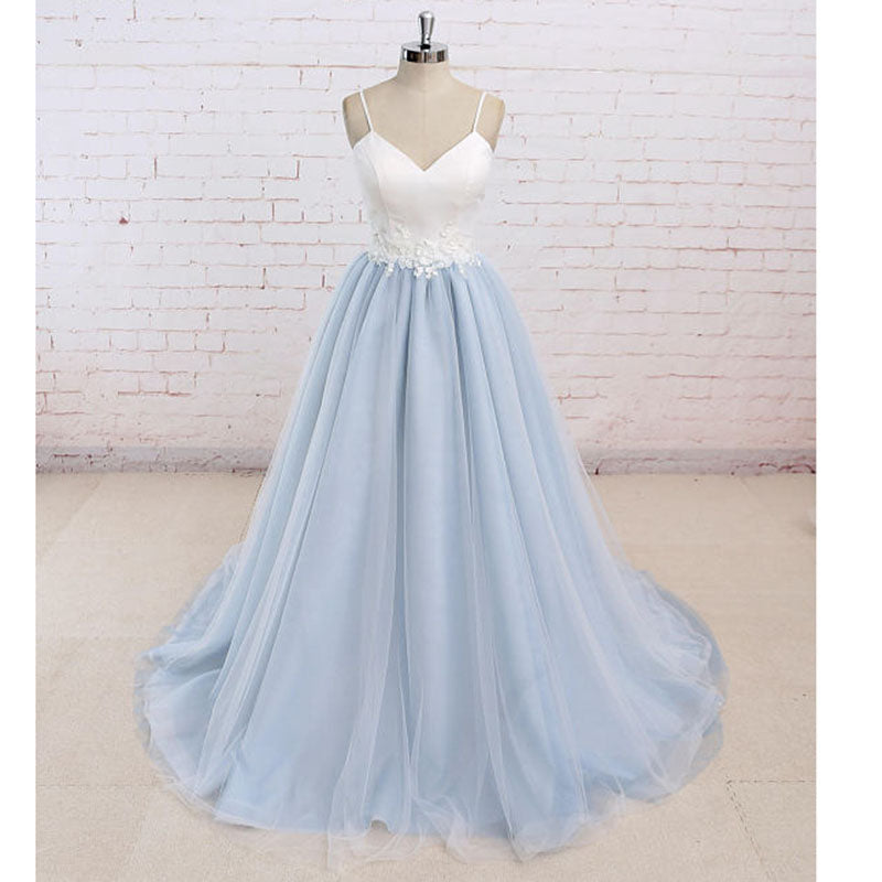 LP789 Spaghetti Straps Prom Gown Light Blue and Ivory Country Wedding Dresses