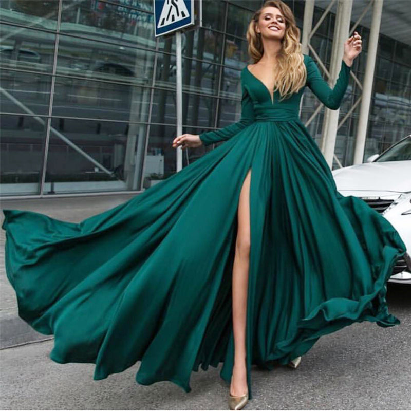 Olive Green Prom dress Long Sexy Deep V Neck evening Party Dress slit Leg  LP2208