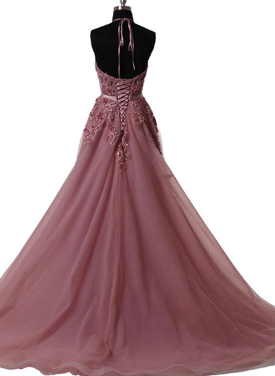 LP3285 Lotus Pink  A Line Tulle Lace Halter Prom Dress ,Long Formal Gowns 2018 vestido formatura Pageant Gown