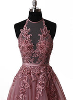 LP3285 Lotus Pink  A Line Tulle Lace Halter Prom Dress ,Long Formal Gowns 2018 vestido formatura Pageant Gown