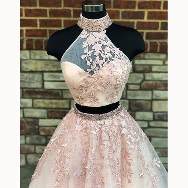 LP5525 Halter High Neck Top Blush Pink Prom Dresses Two Pieces Crop Top Evening Gown Girls Formal Gown 2018
