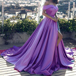 LP1258 Elegant Multi Color Long Evening Dress with Slit,Off the Shoulder Satin A Line Prom Dress 2018