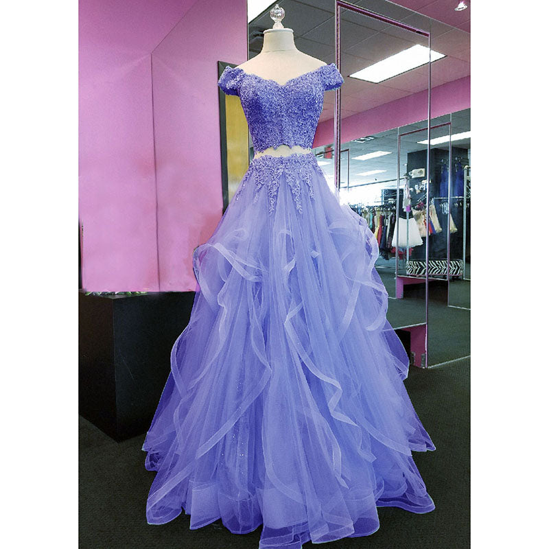 Gorgeous Blue Crop Top Prom Dresses Off the Shoulder Lace Tiered Blue Senior Prom 2022
