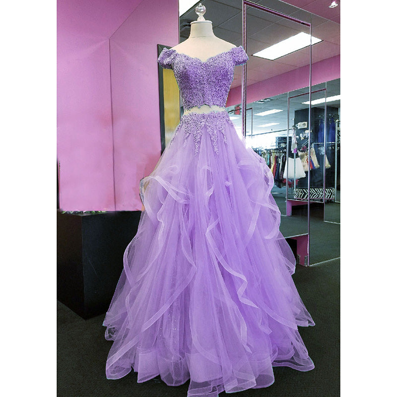 Gorgeous Blue Crop Top Prom Dresses Off the Shoulder Lace Tiered Blue Senior Prom 2022