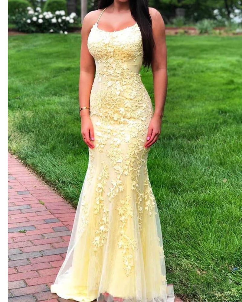 Amazing Halter Yellow Lace Mermaid /Trumpet  Prom Dress 2022 Long Graduation Gown for Girls LP1201