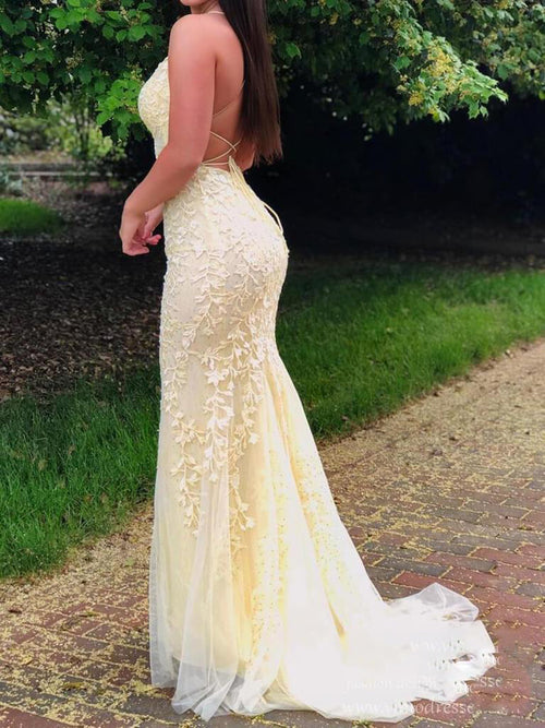 Amazing Halter Yellow Lace Mermaid /Trumpet  Prom Dress 2022 Long Graduation Gown for Girls LP1201