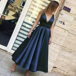 Deep V Neck Prom Dresses  Tea Length  Satin A Line Women Formal Evening Dress