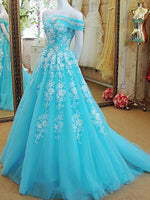 Turquiose Off the Shoulder Formal Gowns Prom Dresses Long with Lace