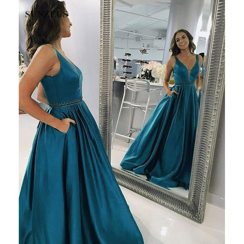 Breathtaking Blue Full Skirt Long Prom Dress with Pocket,A Line Satin Graduation Senior Formal Gowns Long