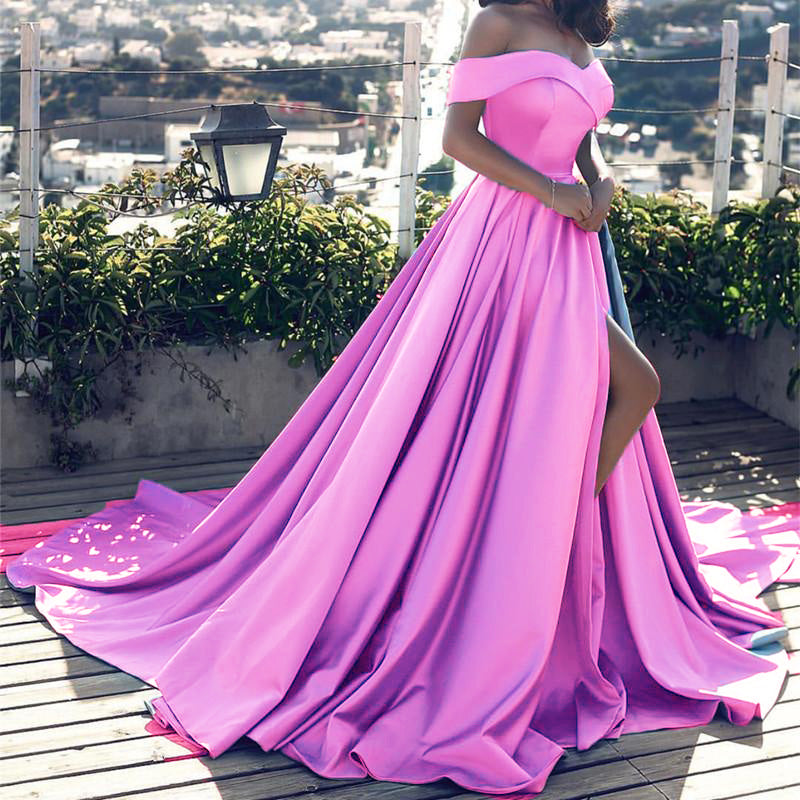 LP1258 Elegant Multi Color Long Evening Dress with Slit,Off the Shoulder Satin A Line Prom Dress 2018
