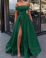 Off the Shoulder Slit A Line Satin Girls Elegant Prom Dresses Long Party Gown PL669