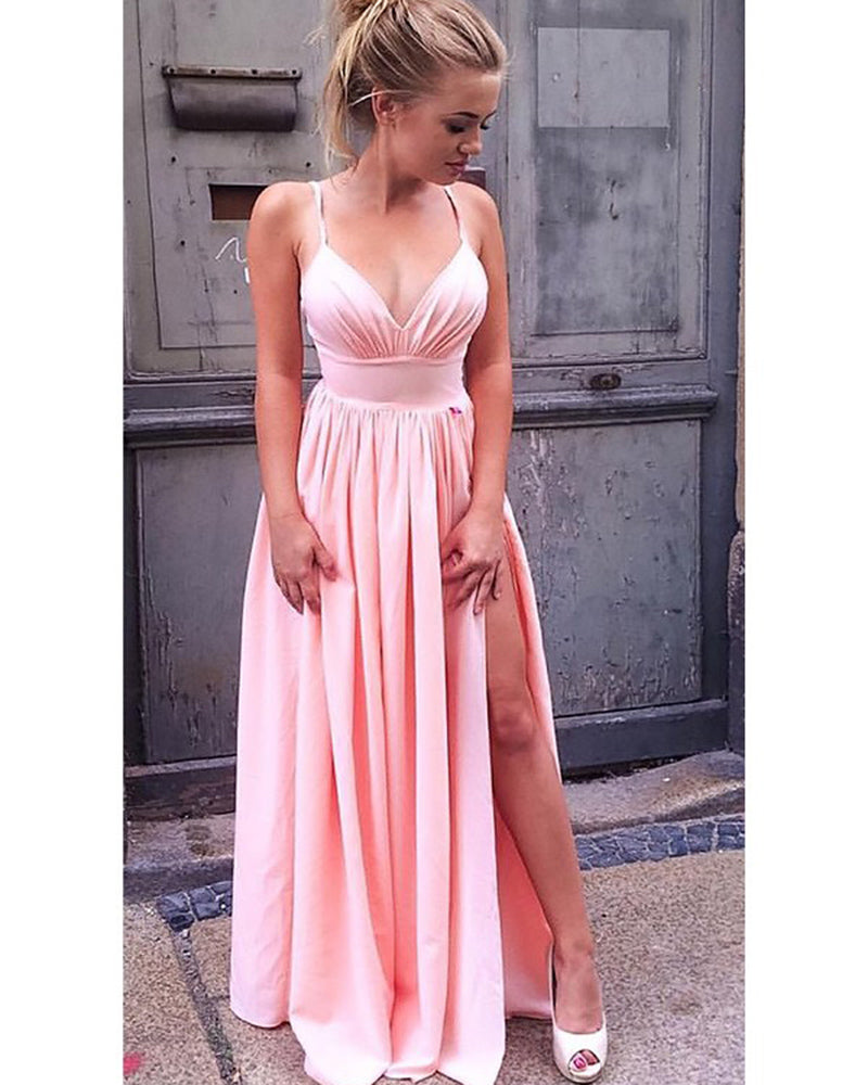 Elegant Sexy Split Pink Prom Dress with  Spaghetti Evening Party Dress Straps Robe De Soiree PLP01112