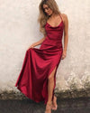 Floor Length Formal Women Outfits Burgundy Red Halter Sexy Slit Prom Dressesvestidos de baile PL11024
