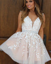Stunning V Neck Ivory Lace /Nude Short Prom Dresses For Girls Graduation Hoco Dresses SP01110