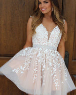 Stunning V Neck Ivory Lace /Nude Short Prom Dresses For Girls Graduation Hoco Dresses SP01110