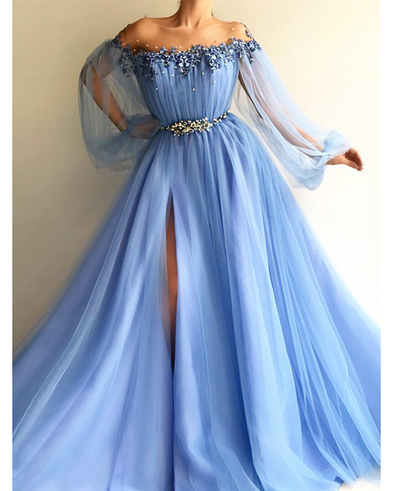 Off The Shoulder Long Evening Dresses 2022 Puff Sleeves Appliques Beaded Tulle Split Sky Blue Maternity Party Prom Gowns PL01118