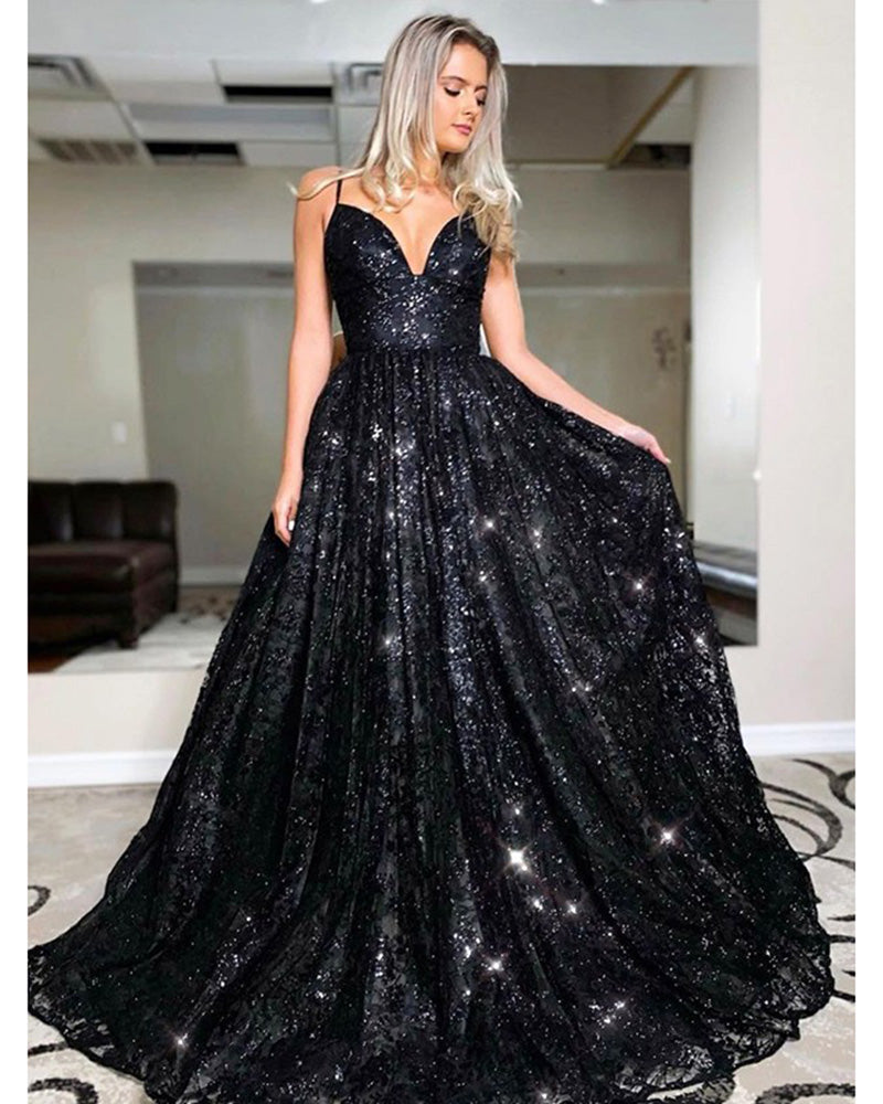 Vestido de fiesta largo con lentejuelas negras y tirantes finos sin espalda sexy PL2225 