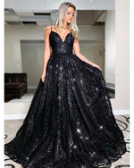 Sexy Backless Spaghetti Straps Black Sequin Long Prom Dress PL2225