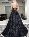 Sexy Backless Spaghetti Straps Black Sequin Long Prom Dress PL2225
