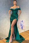 Green Off The Shoulder Fitted Mermaid Dress with Slit