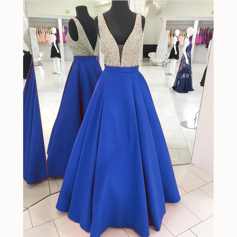 LP3358 Gorgeous Turquiose A Line Satin Senior Prom Dress 2018  Deep V neck Formal evening Gown