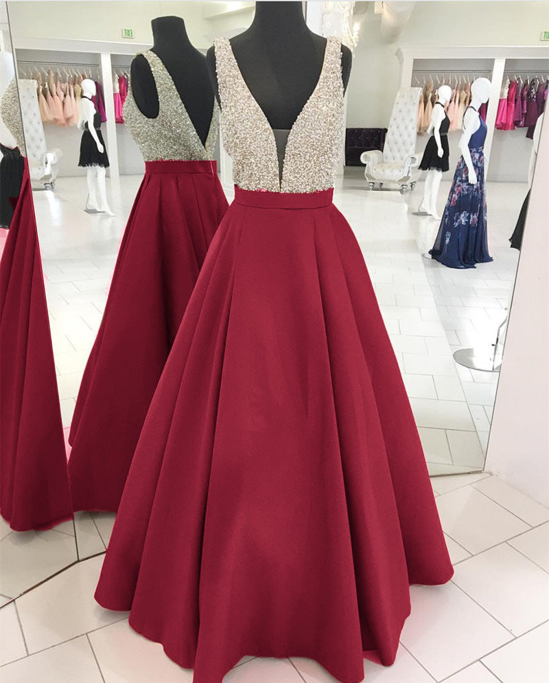 LP3358 Gorgeous Turquiose A Line Satin Senior Prom Dress 2018  Deep V neck Formal evening Gown