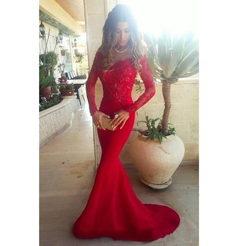 Elegant Long Sleeves Mermaid Prom Dresses,red Evening Gowns for Women,Formal Dresses 2020