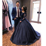 Princess Embellished Long Sleeves Navy Blue Prom Dresses Ball Gown Wedding Engagement Dresses ,Lace Appliqued Formal Gown