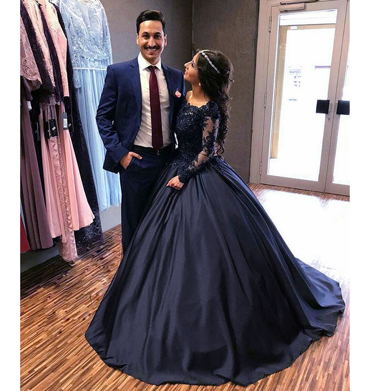 Princess Embellished Long Sleeves Navy Blue Prom Dresses Ball Gown Wedding Engagement Dresses ,Lace Appliqued Formal Gown