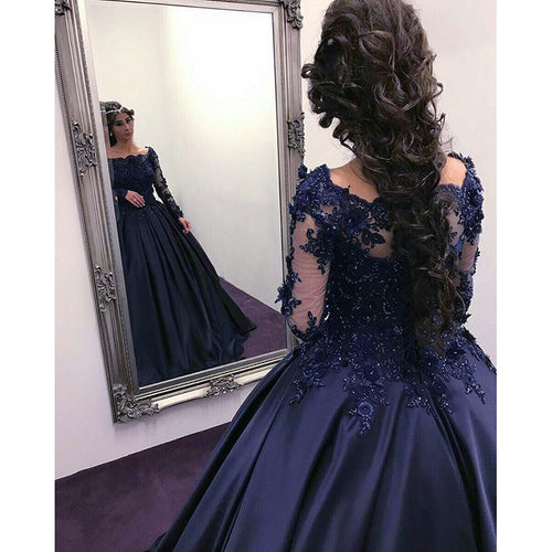 Princess Embellished Long Sleeves Navy Blue Prom Dresses Ball Gown Wedding Engagement Dresses ,Lace Appliqued Formal Gown