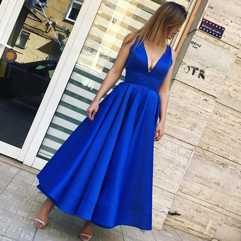 Deep V Neck Prom Dresses  Tea Length  Satin A Line Women Formal Evening Dress