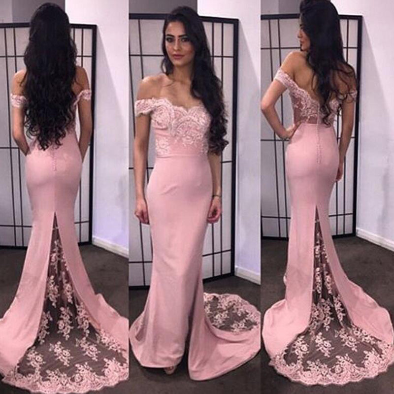 LP2123 Vestido de dama de honor con encaje de sirena y hombros descubiertos, vestido de dama de honor, vestido de invitada de boda 