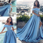 Elegant Sky Blue Prom Dress A Line Satin Long Formal Evening Gown with Slit LP716