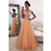 Coral V neck A Line Prom Dresses Long with Appliqued lace Beading Formal Graduation Dresses