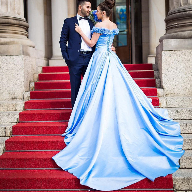LP6989 Off the shoulder A Line Satin Wedding Dresses Blue bridal dress ,Vestido de Novias 2018