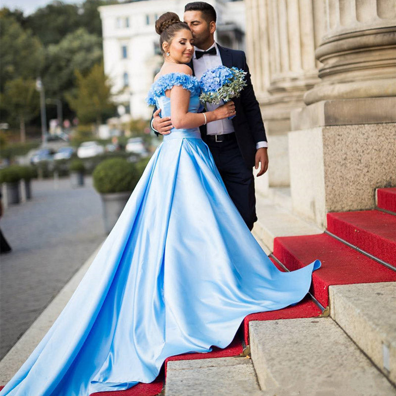 LP6989 Off the shoulder A Line Satin Wedding Dresses Blue bridal dress ,Vestido de Novias 2018