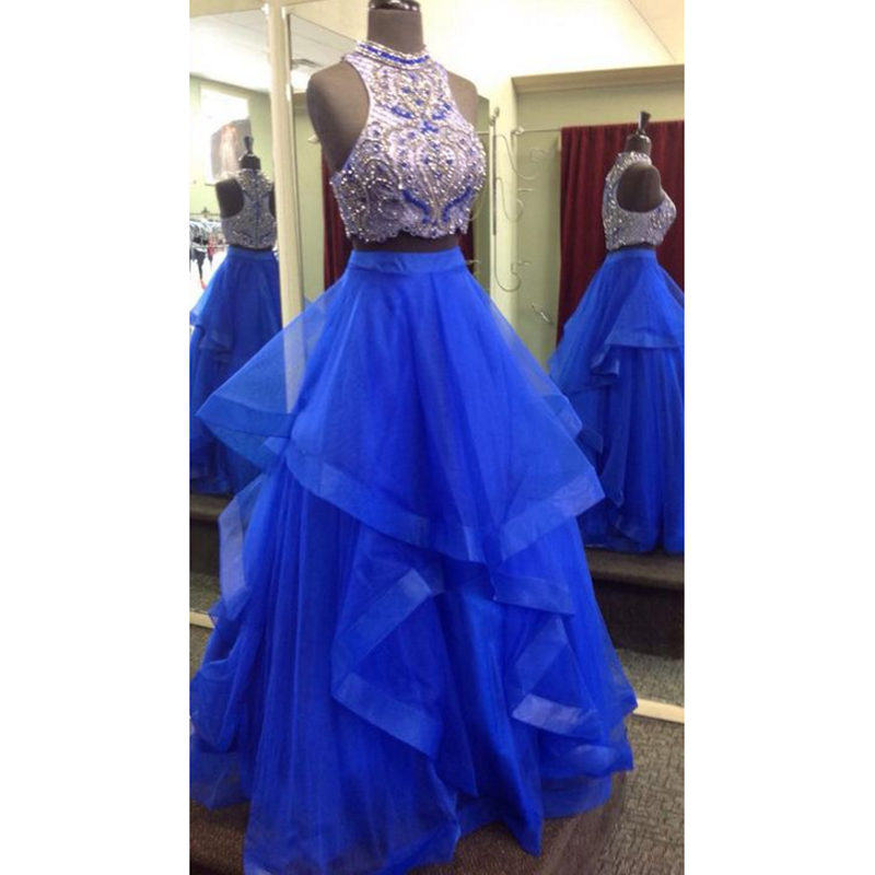 High Neck Halter Blue Prom Dresses Two Pieces ,Crop Top Tiered Skirt Senior Graduation Formal Gowns