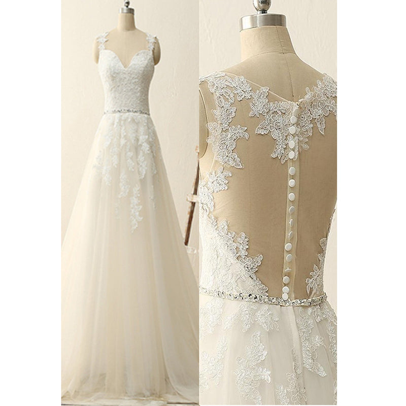 WD6988 Vestido de novia de corte A con apliques de encaje y cinturón de abalorios con trampas Vestido de novias 2018 