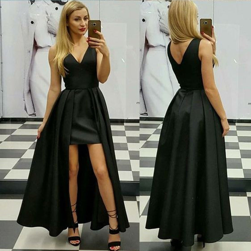 LP0857 Tea Length Black high Low Prom Dress Sexy V Neck A Line Detachable  Party Evening Gown 2018