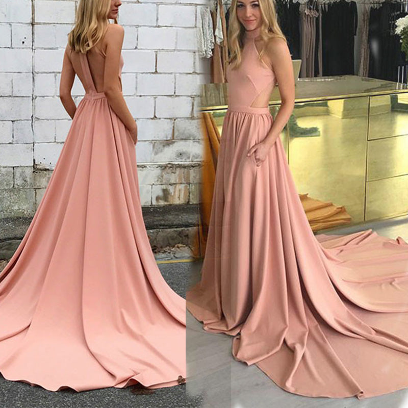LP4887 Halter Coral Pink A Line Vestido de fiesta de noche Formal 2018 Homecoming Prom 