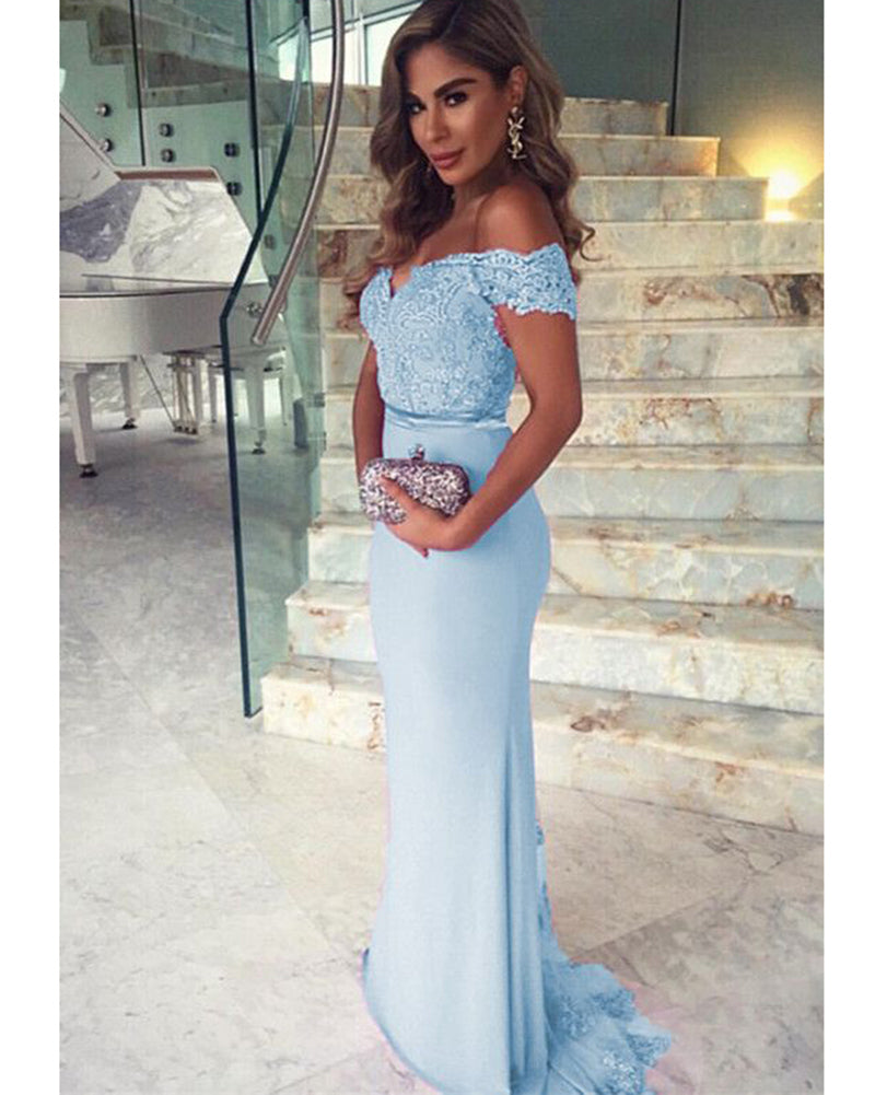 Sky blue/Pink Women Evening Party Long Dresses Off the Shoulder 2019 PL992