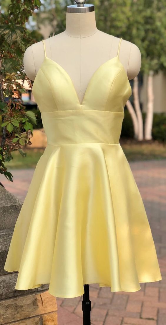 Yellow Satin Short Graduation Prom Dress ,Spaghetti Straps Homecoming ...