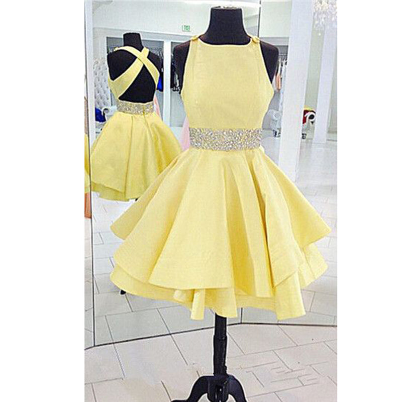 Cross Back Boat Neck Short Party Dress, 8th grade Dance after Prom dresses,Homecoming Dress Short Yellow,semi formal dresses SP087